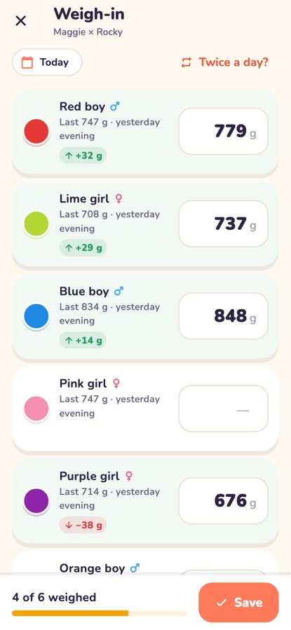 Weigh-in screen with each puppy's weight and change since last time