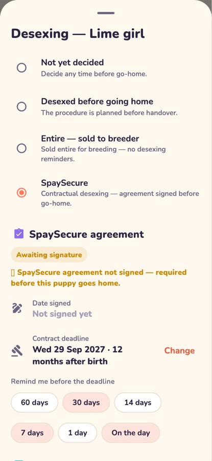 SpaySecure desexing agreement for a puppy