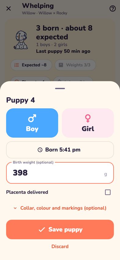 The birth sheet with Boy, Girl, birth time, weight and placenta