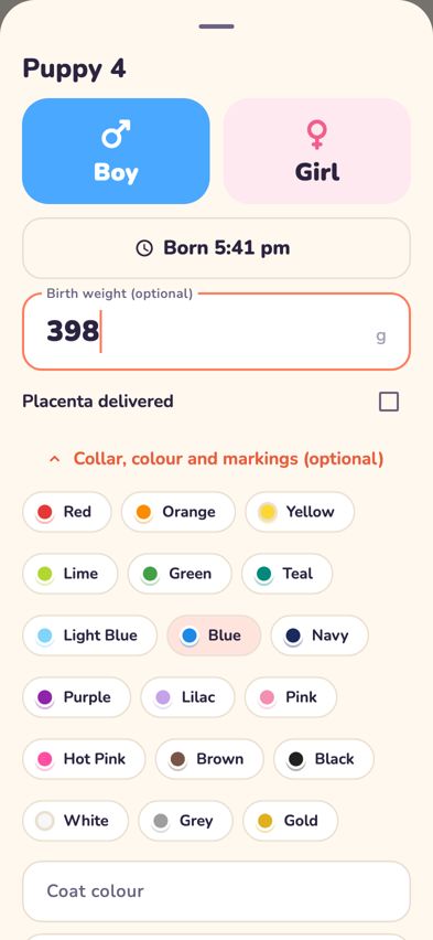 The birth sheet opened out to show collar colours, coat colour and markings