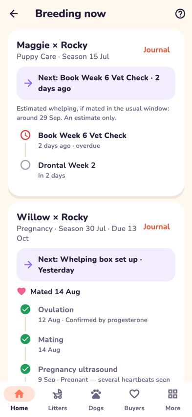 Breeding now showing each pregnancy as a timeline with the next step