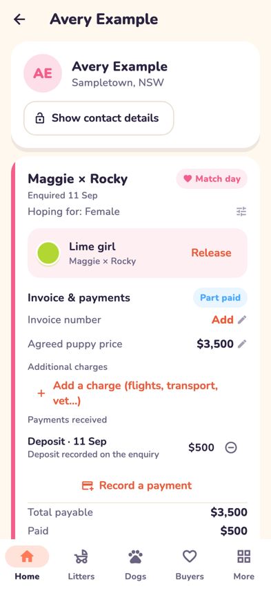 A buyer's page with their enquiry, allocated puppy and money