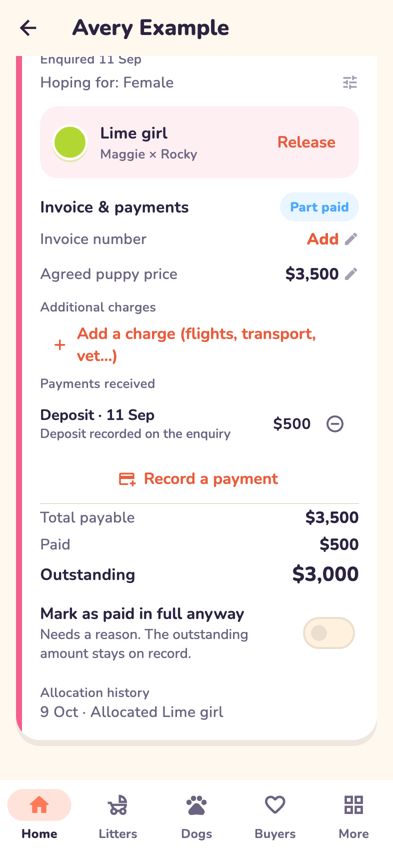 Invoice & payments with charges and payments received