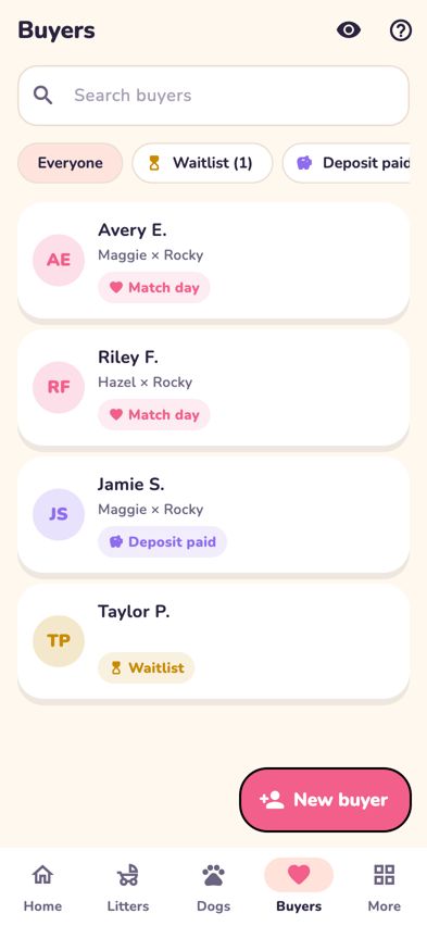 The Buyers tab with stage filters and each buyer's stage
