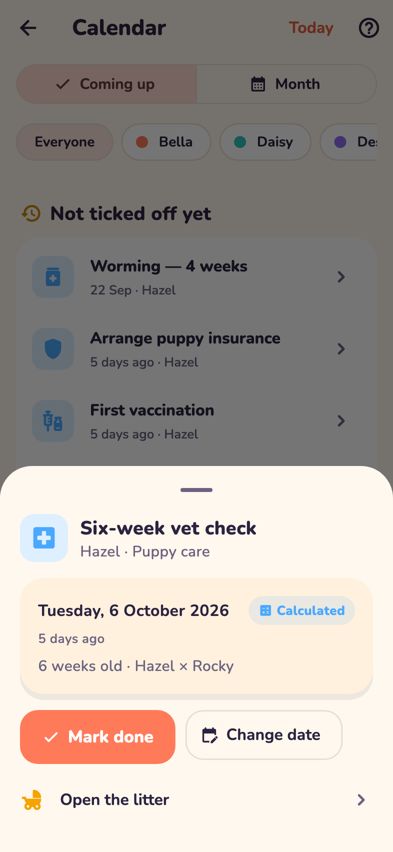 A calendar date opened, with Mark done and Change date