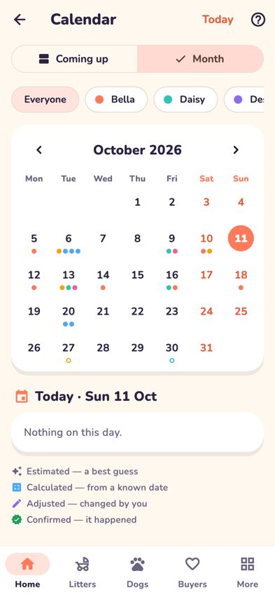 The calendar's Month view with dots on each day that has dates