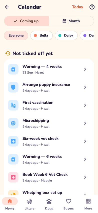 The calendar's Coming up view with puppy care dates