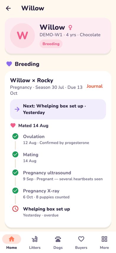 A dog's profile showing breeding, litters and health notes