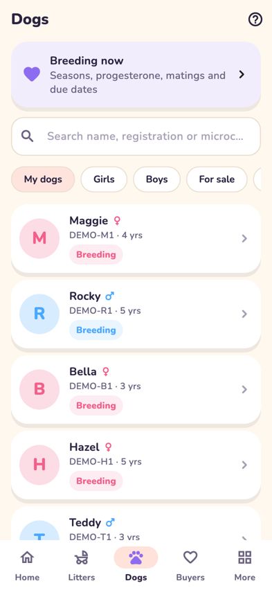 The Dogs tab with Breeding now, search and filter chips