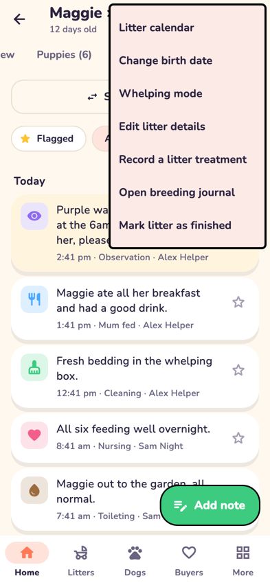 The litter menu with Change birth date, Whelping mode and Edit litter details