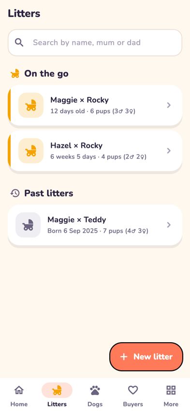 The Litters tab listing both litters on the go
