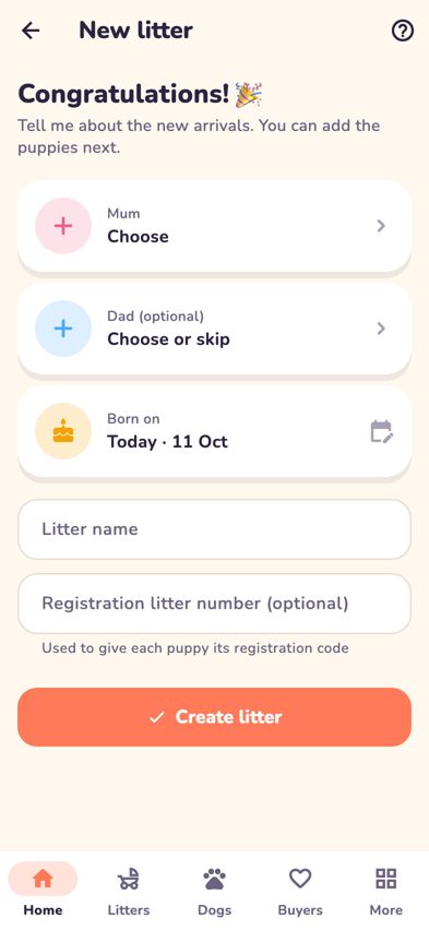 The New litter screen with Mum, Dad, Born on and Litter name