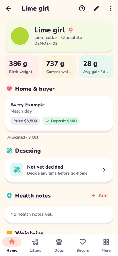 A puppy's screen with collar, weights, buyer and health notes