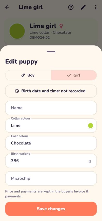 The Edit puppy sheet with Boy, Girl, birth time and other details