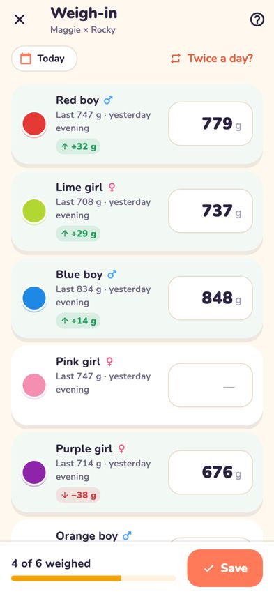 The Weigh-in screen with each puppy's last weight and a box for today's weight