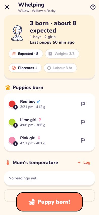 Whelping mode with the live summary and the Puppy born! button